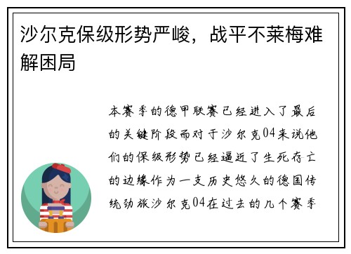 沙尔克保级形势严峻，战平不莱梅难解困局