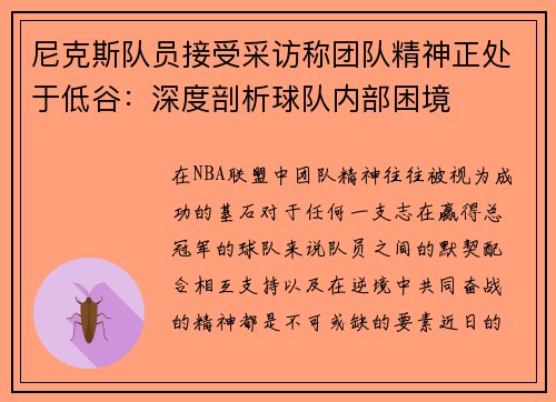 尼克斯队员接受采访称团队精神正处于低谷：深度剖析球队内部困境